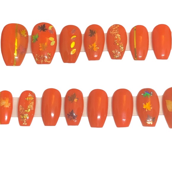 Handmade Custom Press on Nails UV Gel Short Coffin Fall Orange & Gold Metallic - Picture 6 of 11
